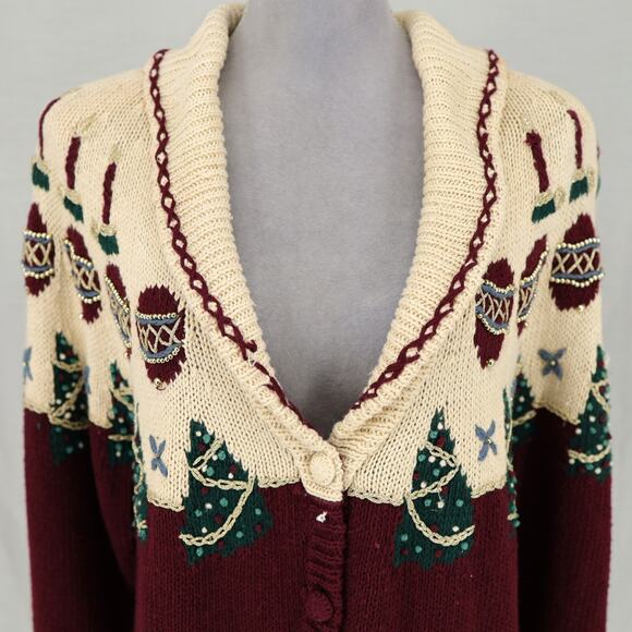 Talbots Sweater Womens Medium Ivory Burgundy Holiday Cardigan Hand Knit Vintage - Picture 14 of 14